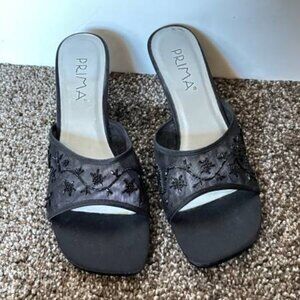 NWT Prima Dressy Black Slip-on Mule Wedge Heels Size 7.5 with Beaded Fabric